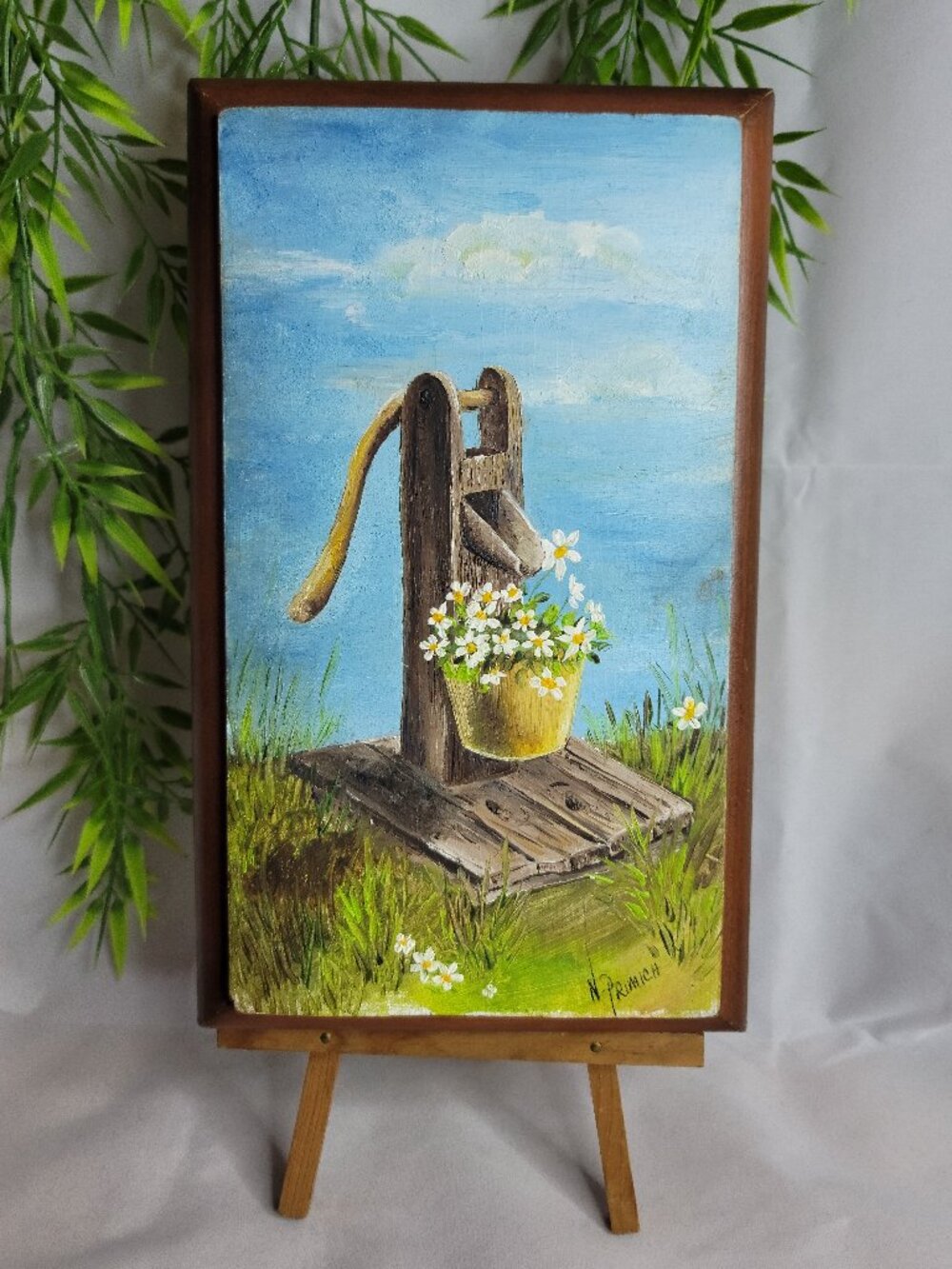 Vintage Hand Painted Handmade Springtime Daisy Flowers Painting with Stand